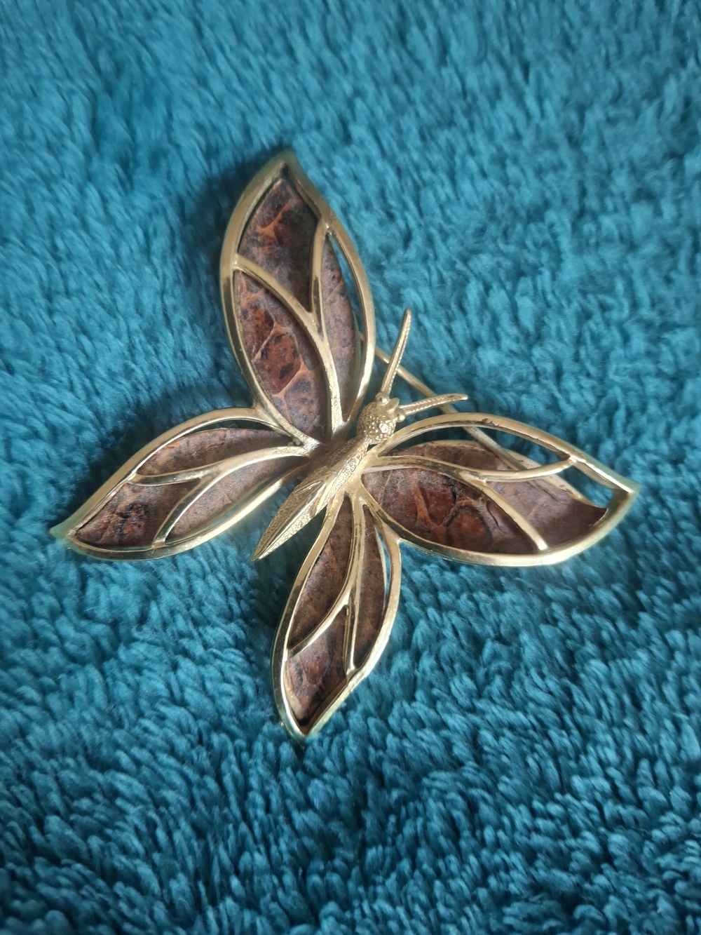 Vintage Pim Gold-Tone Butterfly Brooch with Brown Faux Leather Inlay